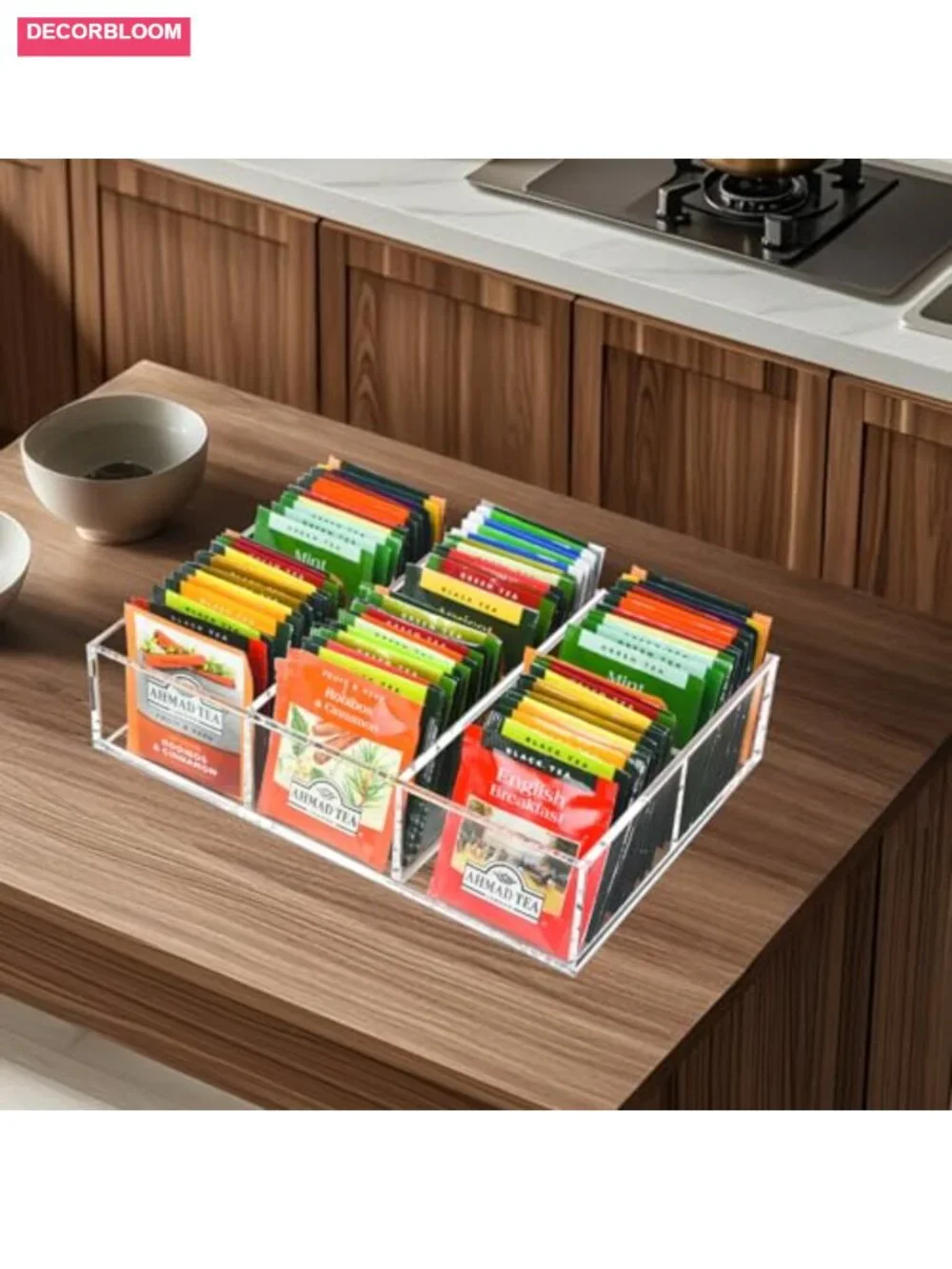 Acrylic Tea Bag Organizer with Removable Dividers, 6 Compartments Clear Storage